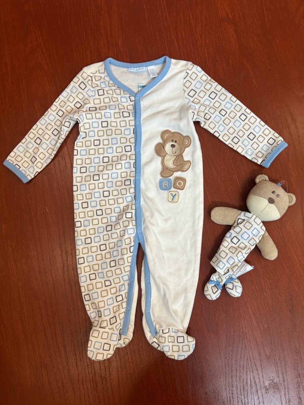 First Impressions Blue & Cream Teddy Bear One-Piece Footie